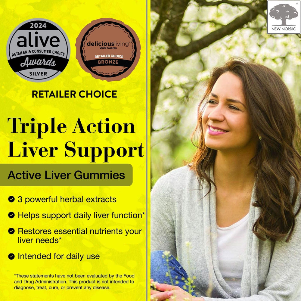 Close-up of NEW NORDIC Active Liver Gummies showing peach mango flavor