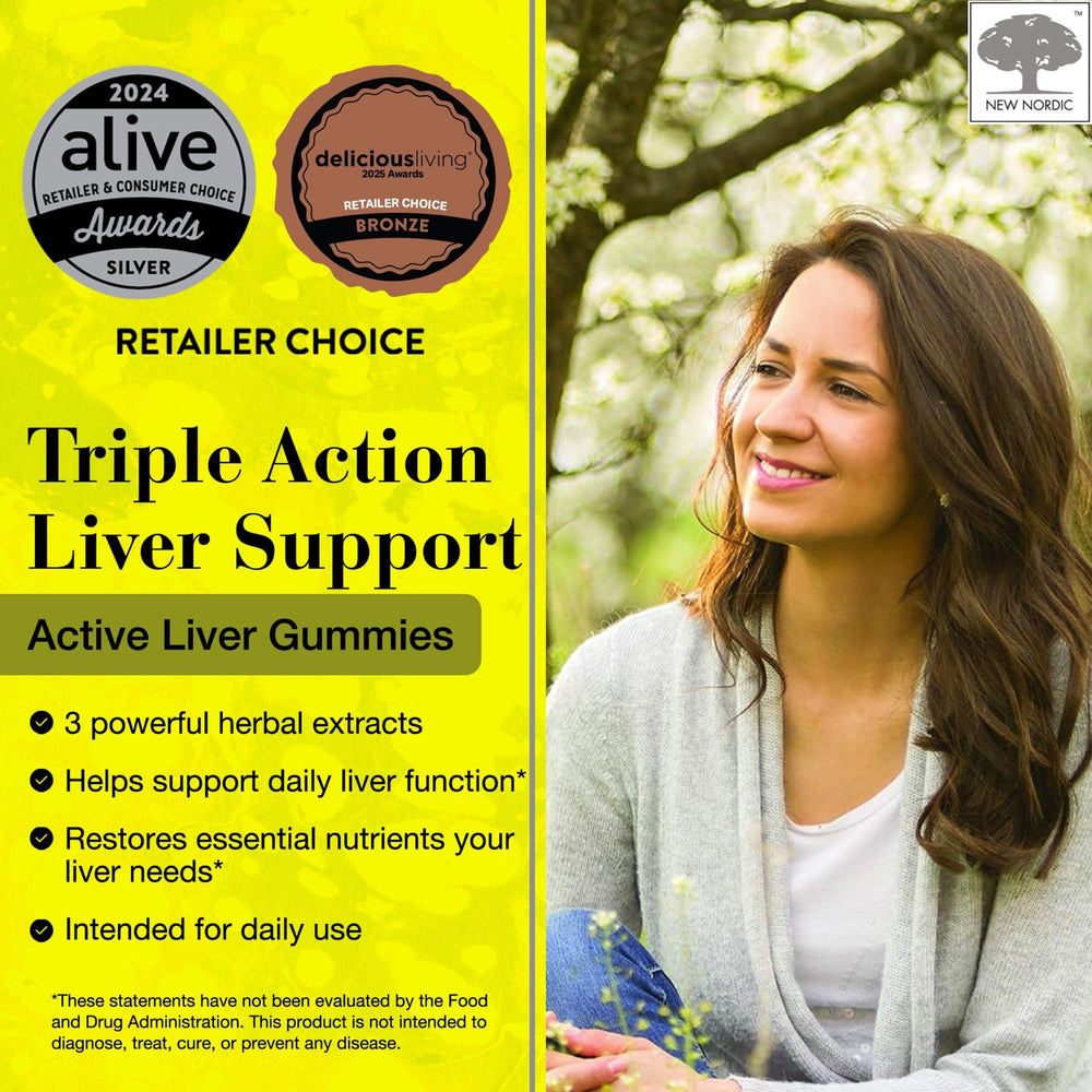 New Nordic Active Liver Gummies peach-mango flavor close-up for easy daily use.