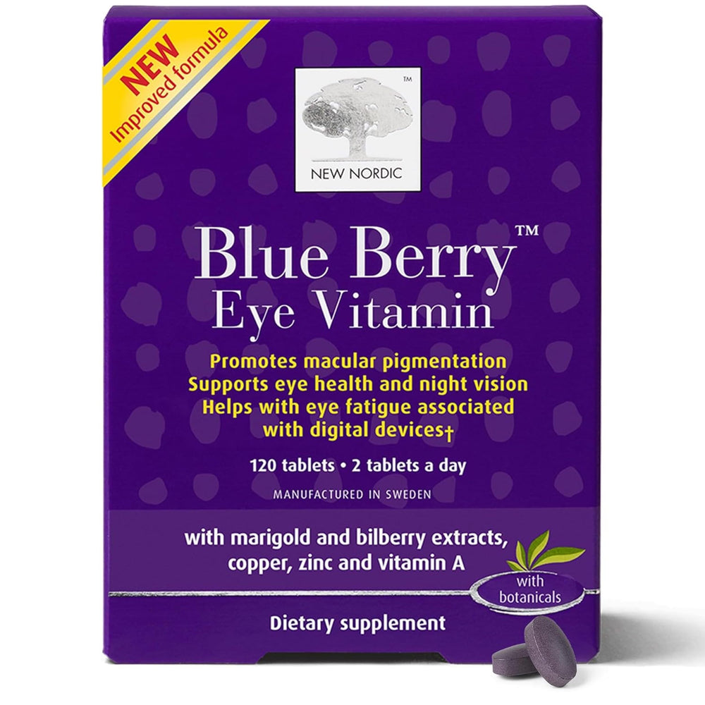 New Nordic blue berry eye vitamin bottle supports eye health and macular pigment.
