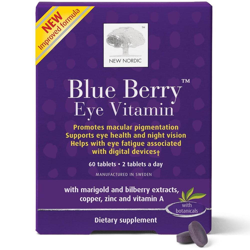 NEW NORDIC blue-berry-eye-vitamin-tablets on display to emphasize eye health.