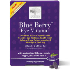 NEW NORDIC blue-berry-eye-vitamin-tablets on display to emphasize eye health.