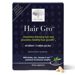 NEW NORDIC Hair GRO bottle front showcasing vegan formula for hair vitality.