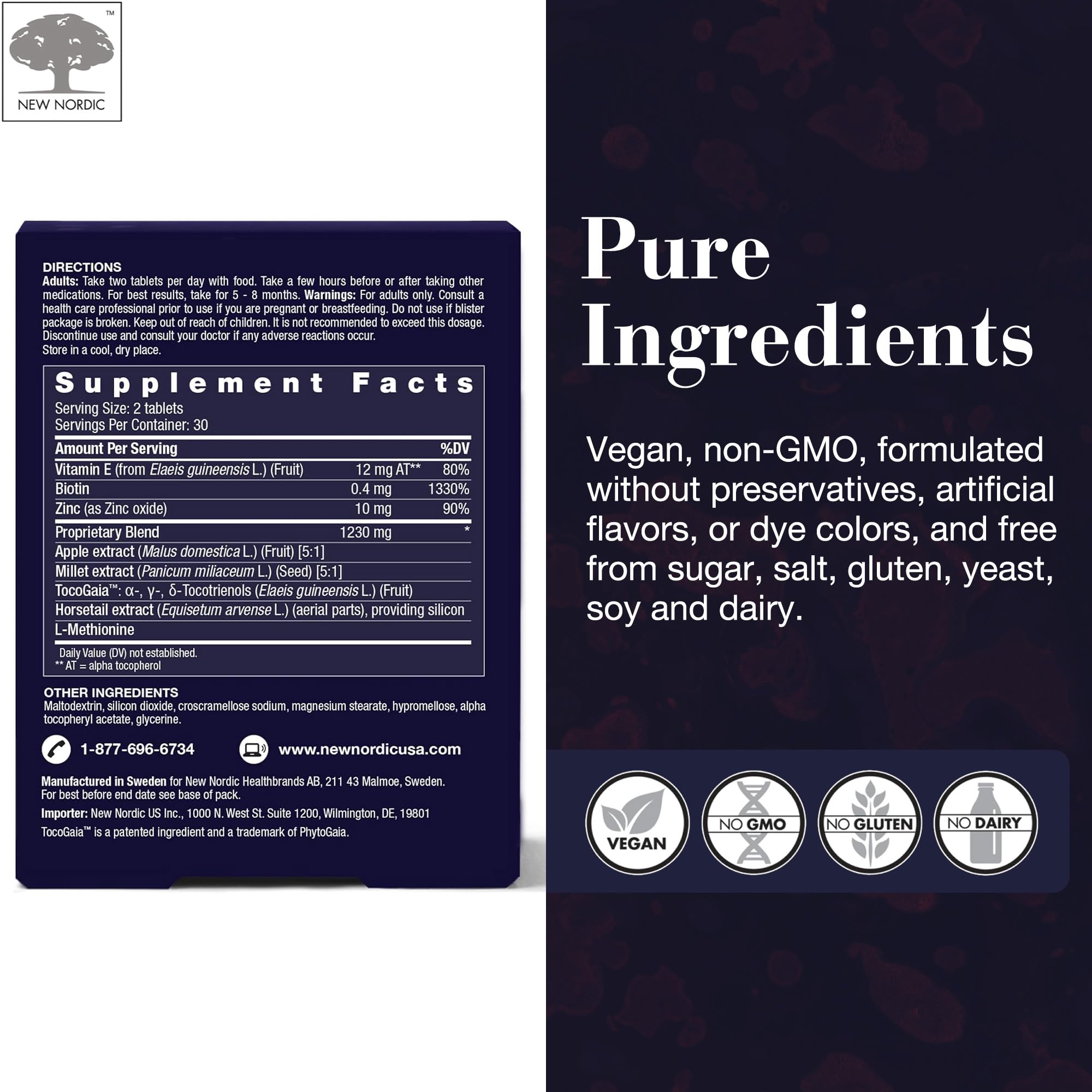NEW NORDIC Hair GRO label highlights salt- and gluten-free formulation.