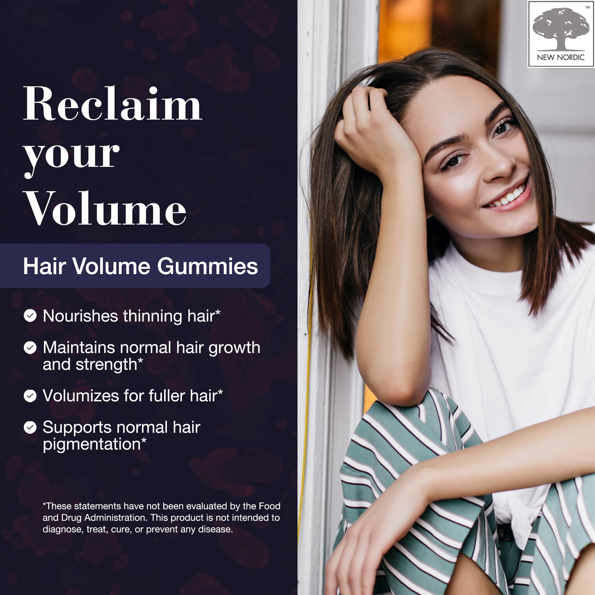 NEW NORDIC Hair Volume Gummies close-up showing 2500 mcg Biotin for hair health.