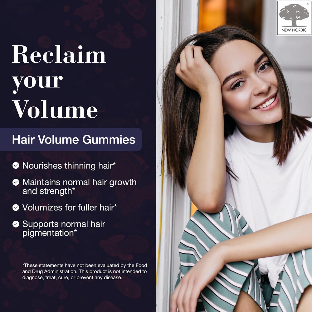 NEW NORDIC Hair Volume Gummies close-up showing 2500 mcg Biotin for hair health.