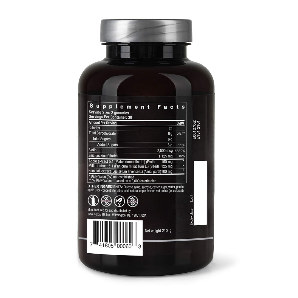 NEW NORDIC 60-count vegan supplement label highlighting hair, skin, nails.