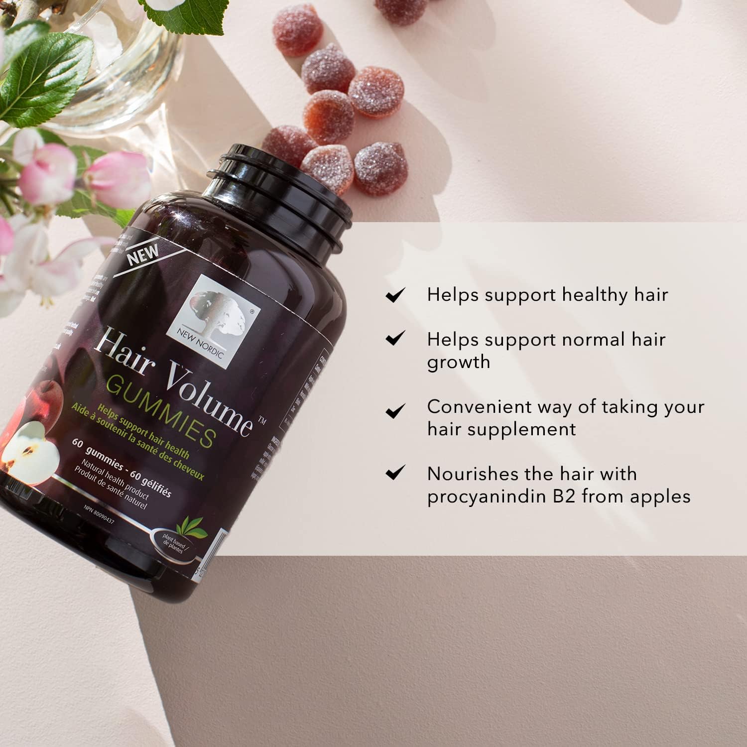 NEW NORDIC Hair Volume Gummies bottle label close-up shows clean ingredients.