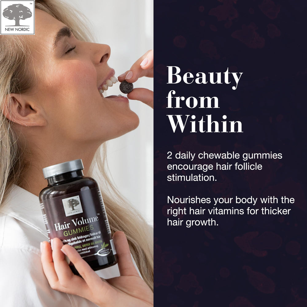 NEW NORDIC bottle beside nails and skin imagery implying daily beauty benefits.