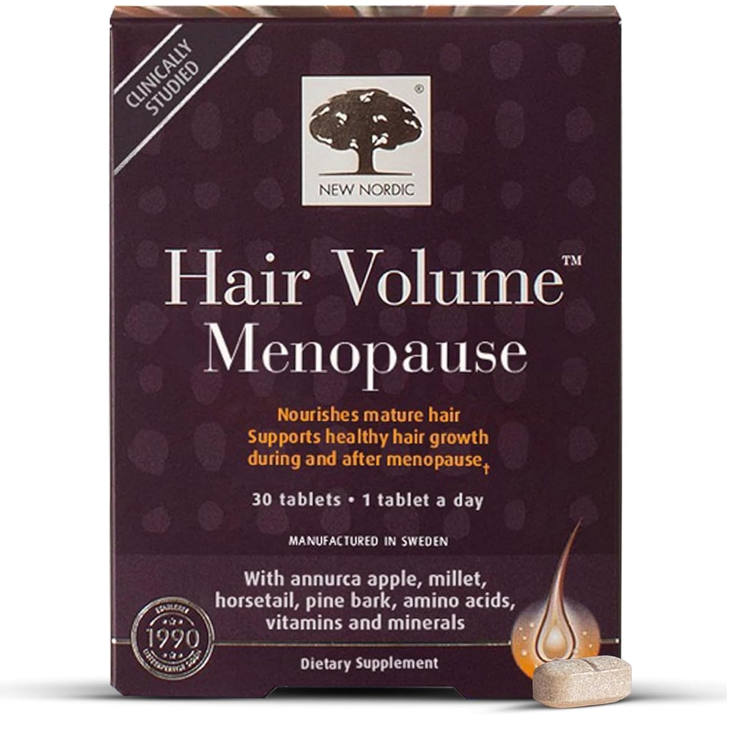 New Nordic Hair Volume Menopause bottle with easy daily capsules for mature hair support.