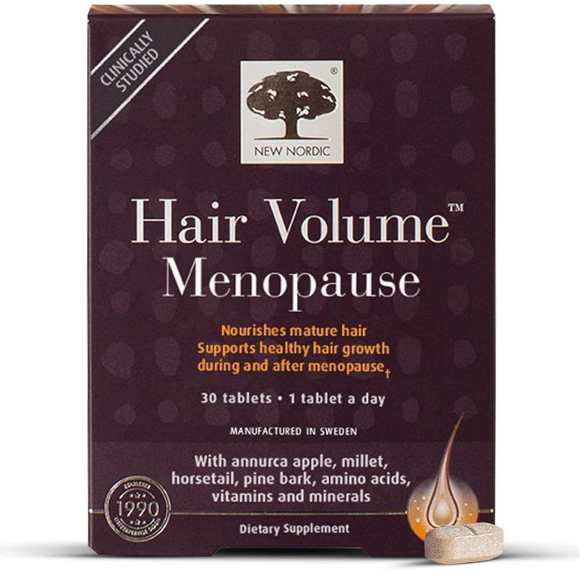 New Nordic Hair Volume Menopause bottle with easy daily capsules for mature hair support.