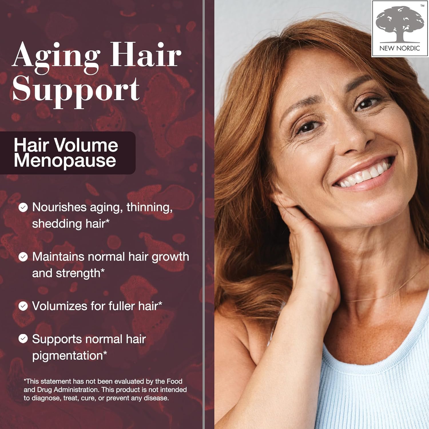 New Nordic Hair Volume Menopause horsetail extract visual hinting at plant-based ingredients.