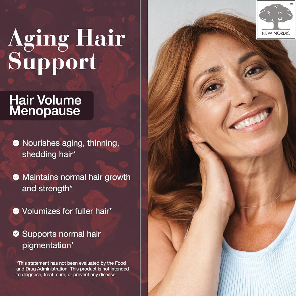 New Nordic Hair Volume Menopause horsetail extract visual hinting at plant-based ingredients.