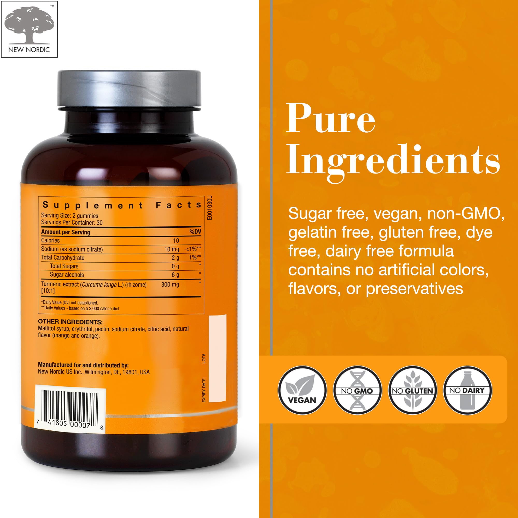 New Nordic turmeric gummy ingredient panel shows vegan, gluten-free formula