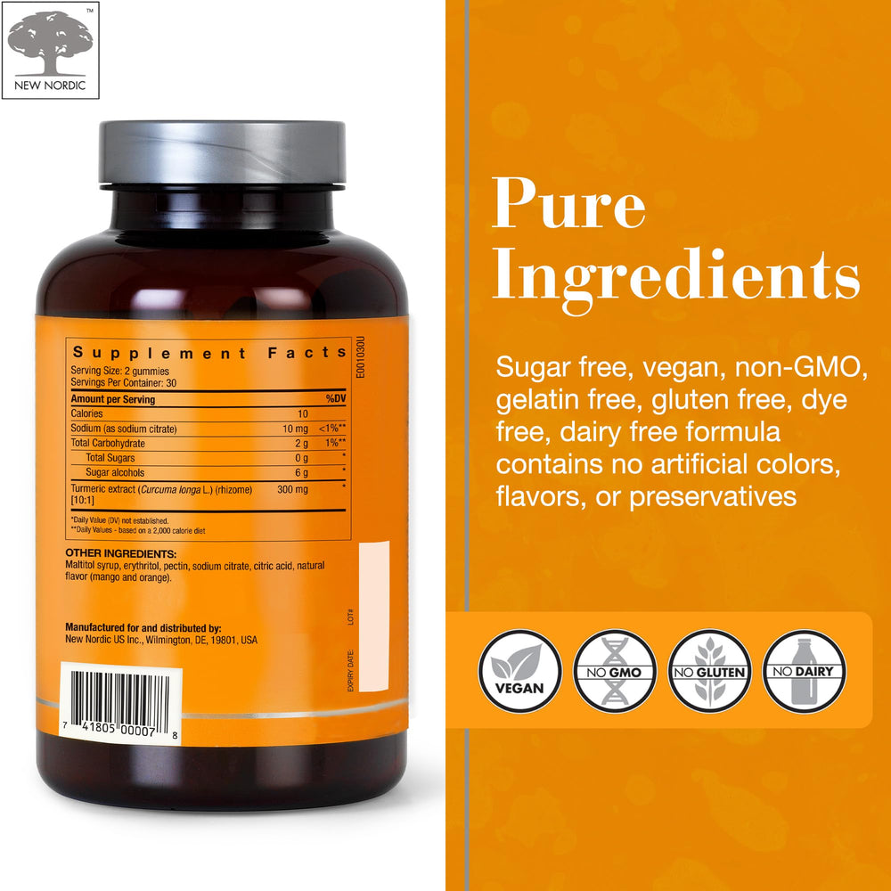 New Nordic turmeric gummy ingredient panel shows vegan, gluten-free formula