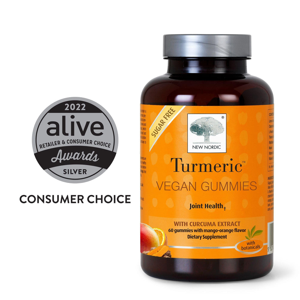 New Nordic packaging front view highlighting sugar-free, vegan gummies with joint-friendly turmeric