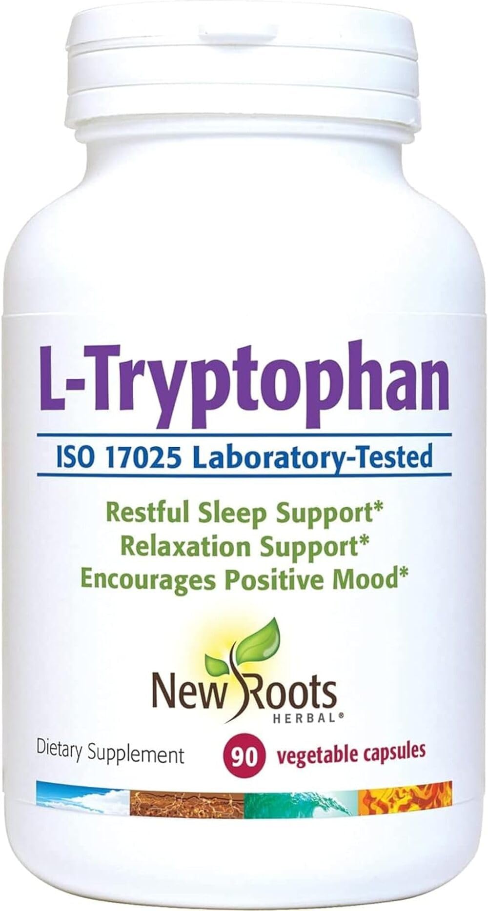 New Roots Herbal L-Tryptophan bottle front promotes calm relaxation.