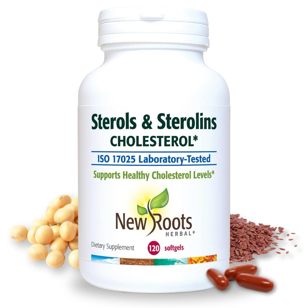 NEW ROOTS HERBAL plant sterols bottle supports healthy cholesterol management.