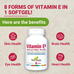 New Roots Herbal Vitamin E softgels close-up showing eight-form complex.