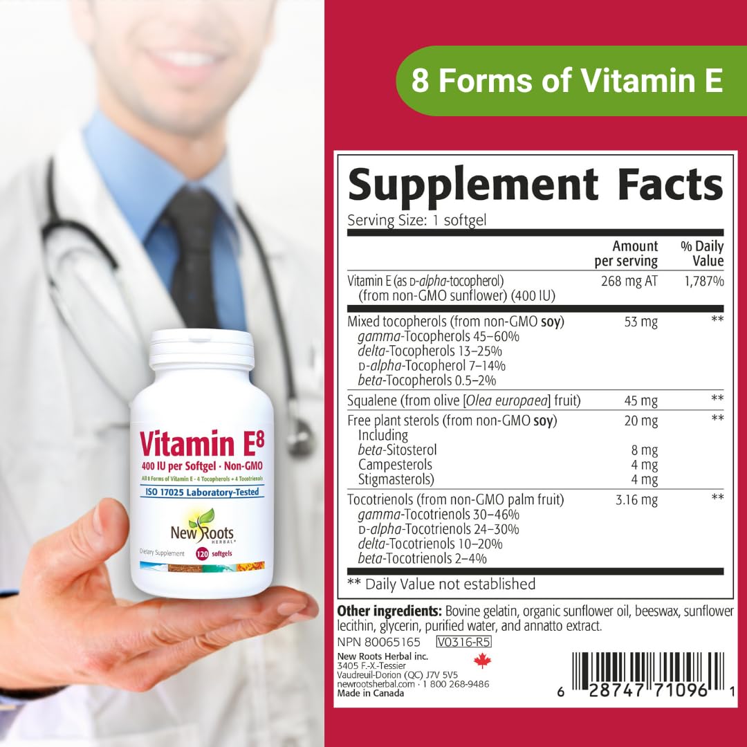 New Roots Herbal Vitamin E eight-form spectrum graphic emphasizing tocopherols and tocotrienols.