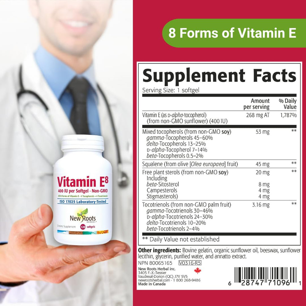 New Roots Herbal Vitamin E eight-form spectrum graphic emphasizing tocopherols and tocotrienols.