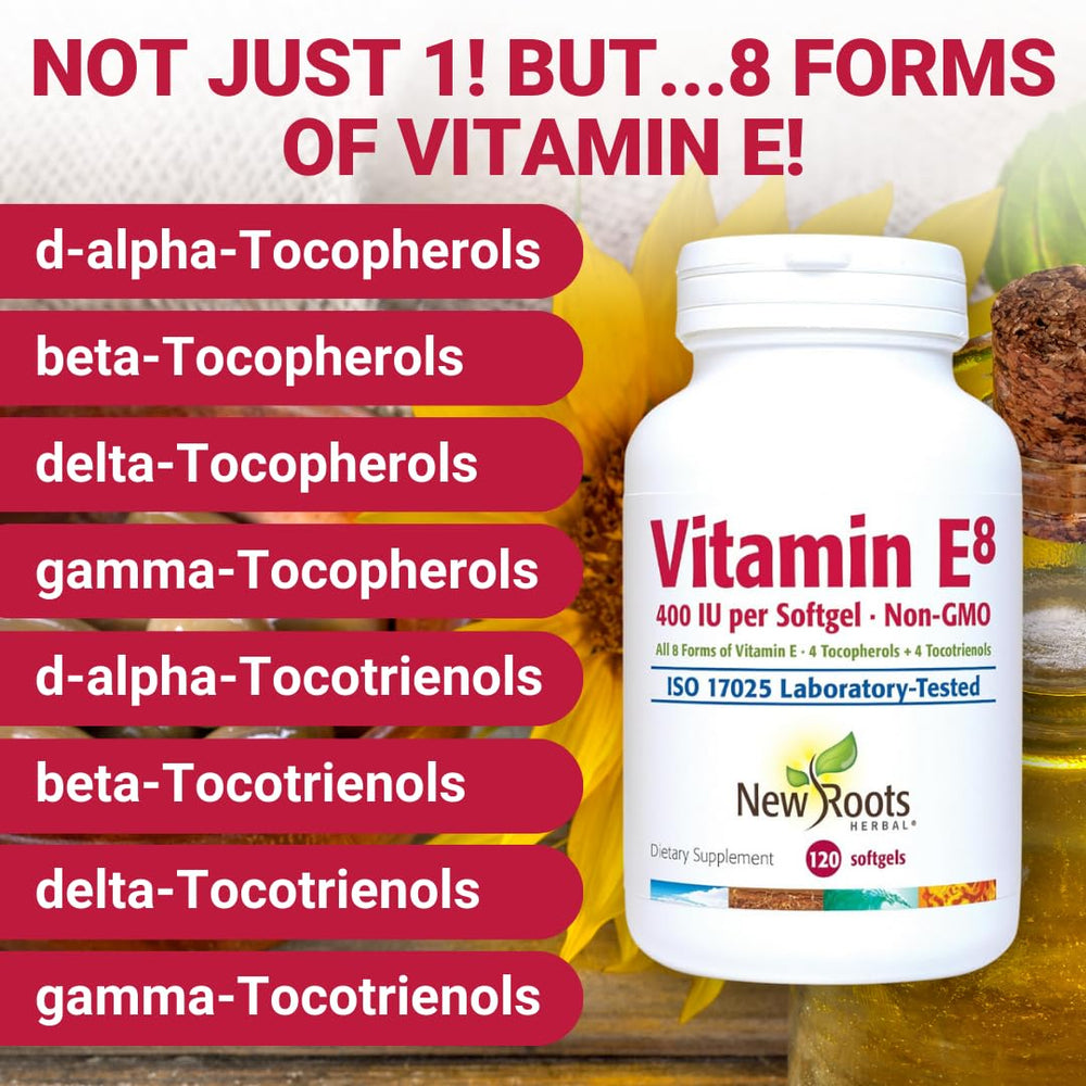 New Roots Herbal Vitamin E softgel capsules in bottle for daily antioxidant support.