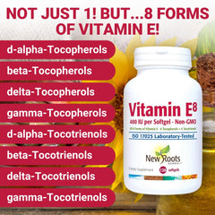 New Roots Herbal Vitamin E softgel capsules in bottle for daily antioxidant support.