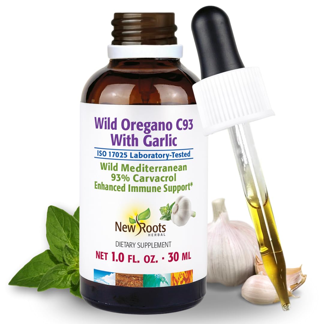 New Roots Herbal Wild Oregano Oil tincture bottle with garlic supports immune wellness.