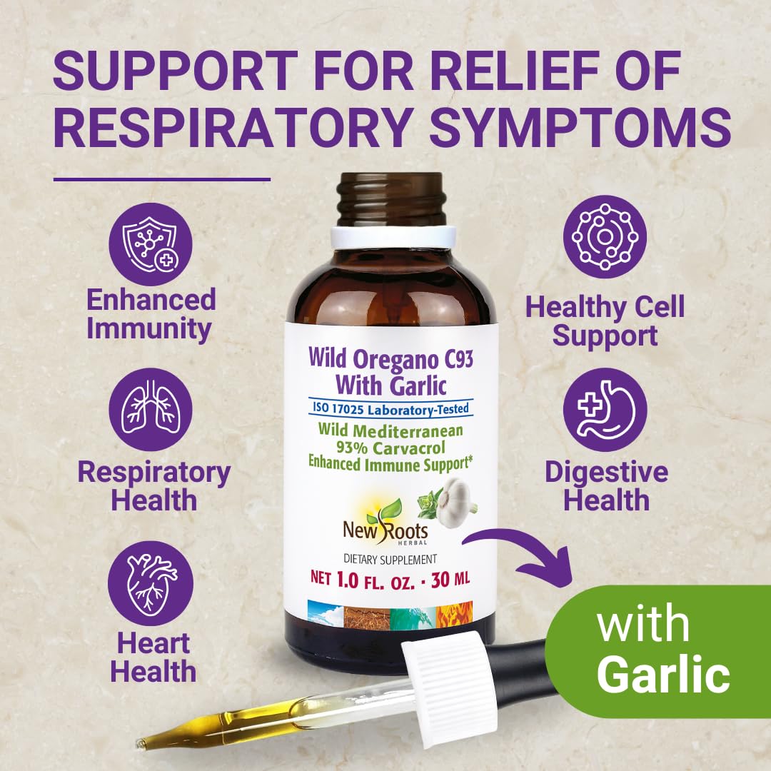New Roots Herbal oregano oil dropper close-up for daily wellness.