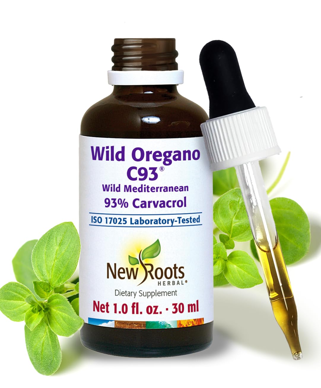 New Roots Wild Oregano Oil Drops bottle with clear label for premium immune support.