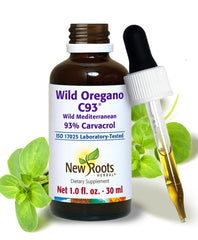 New Roots Wild Oregano Oil Drops bottle with clear label for premium immune support.