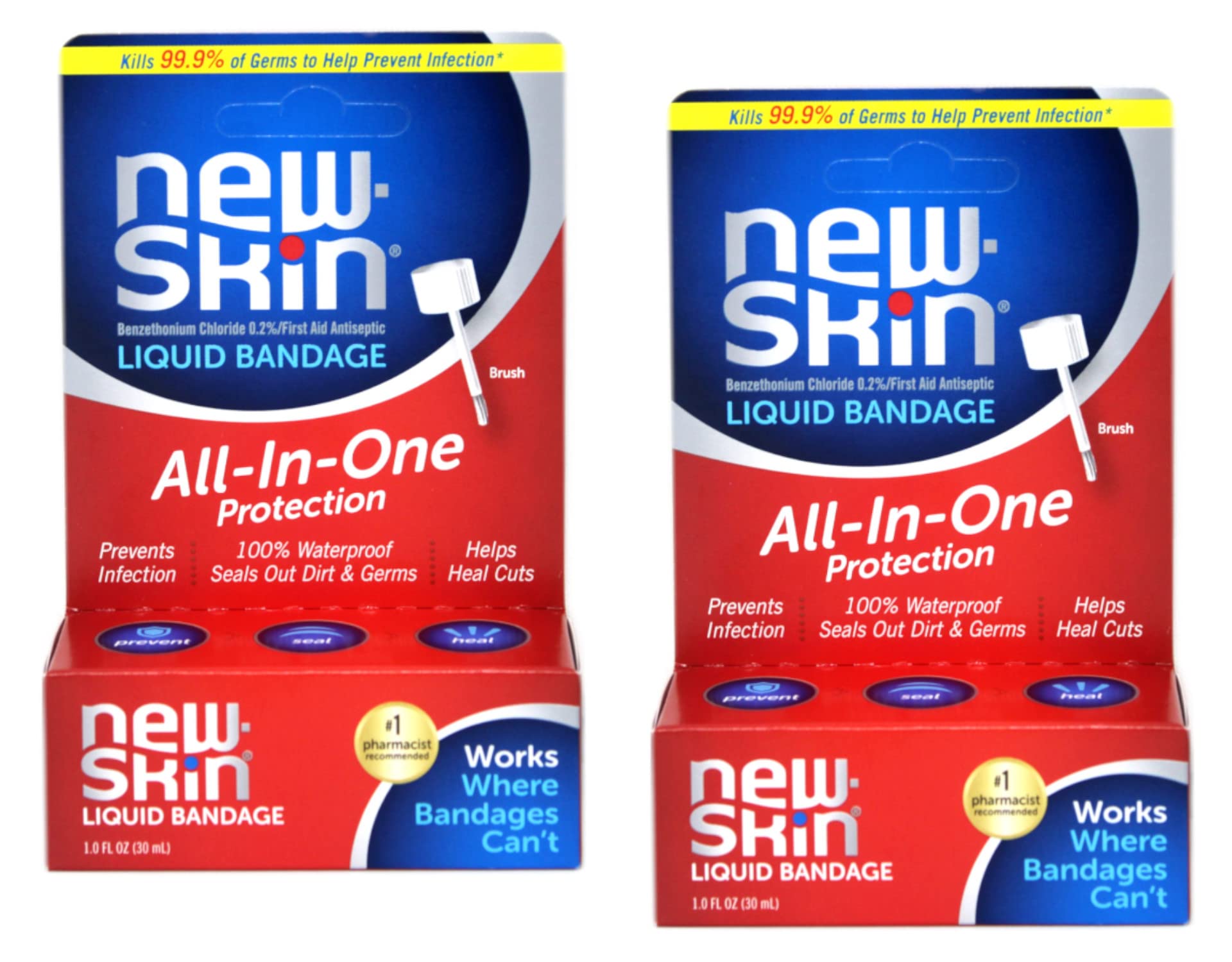 New-Skin liquid bandage bottle pair ready for quick, waterproof protection of minor wounds.