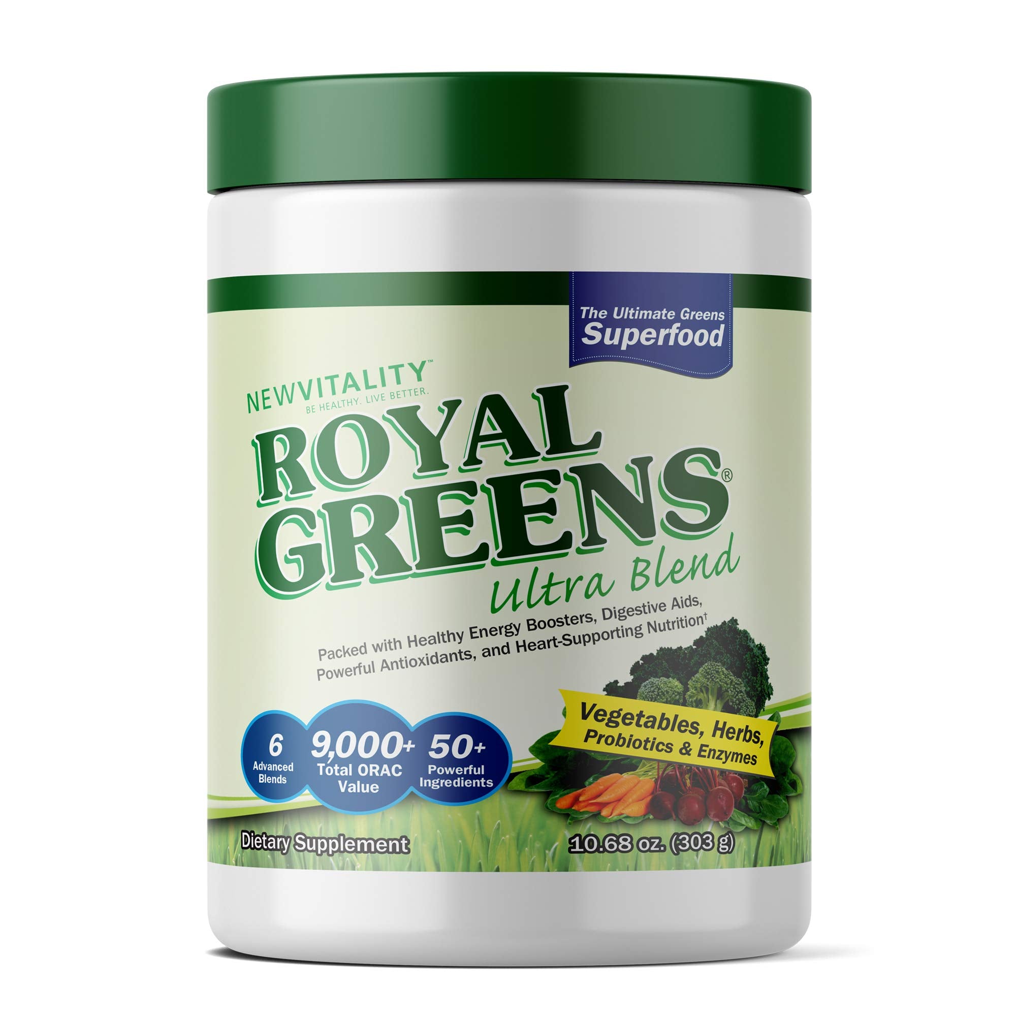 New Vitality Royal Greens bottle pour demonstrates easy daily greens intake