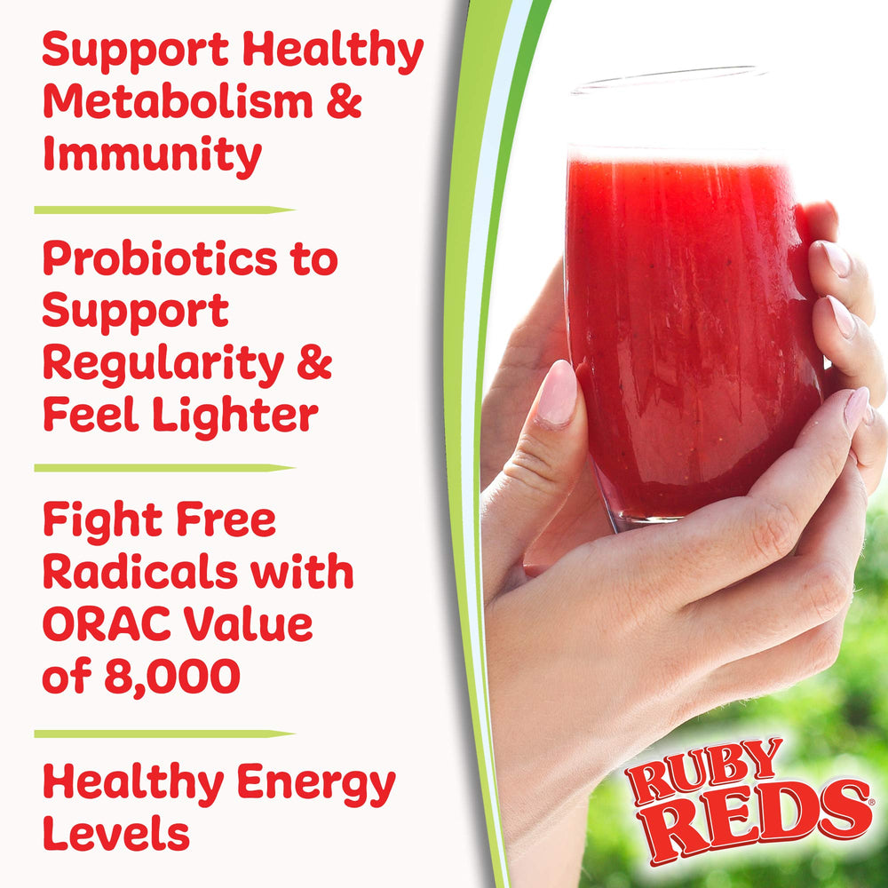 New Vitality Ruby Reds fruit blend in a glass with vibrant color