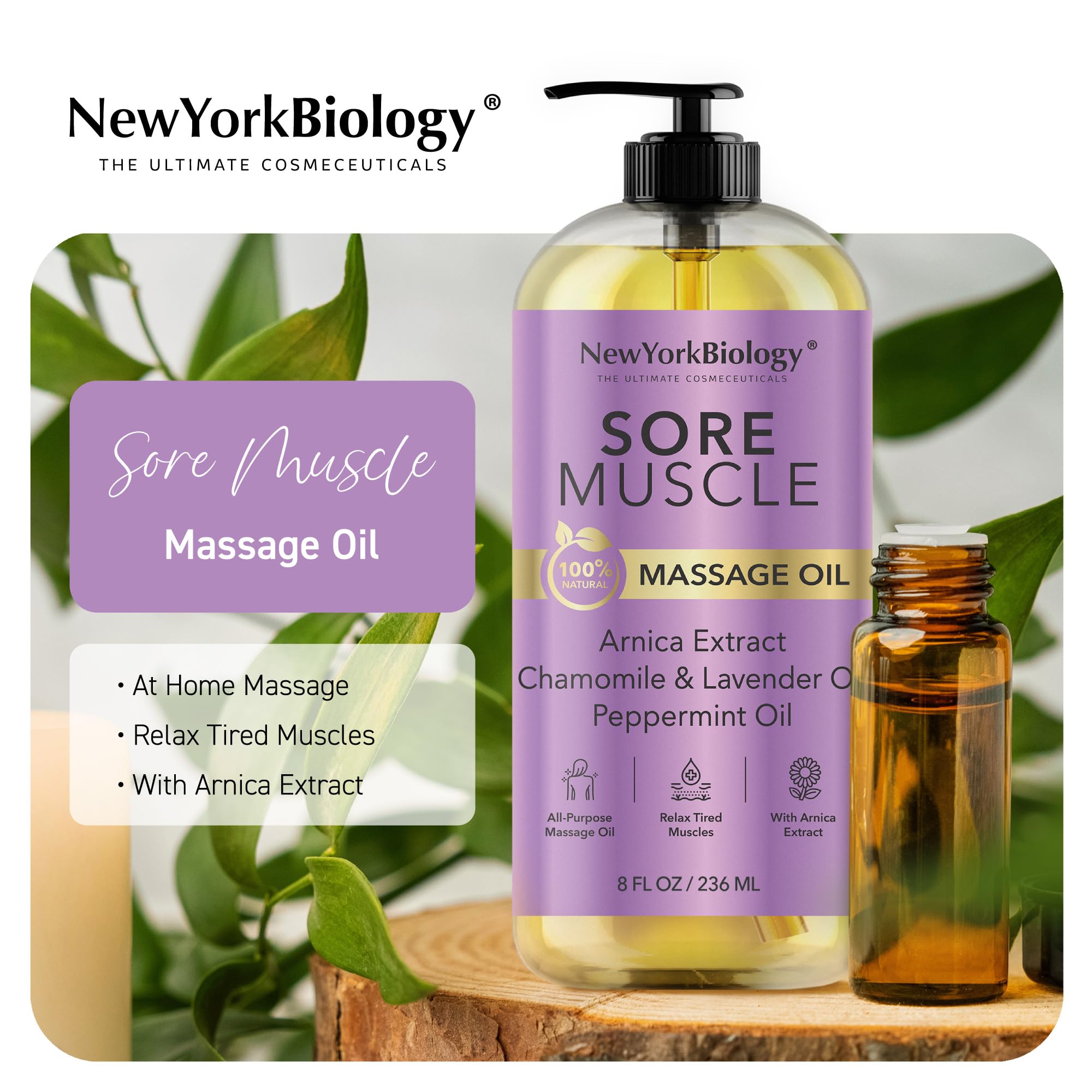 New York Biology full-body massage oil demonstrated for back, neck, and feet care.