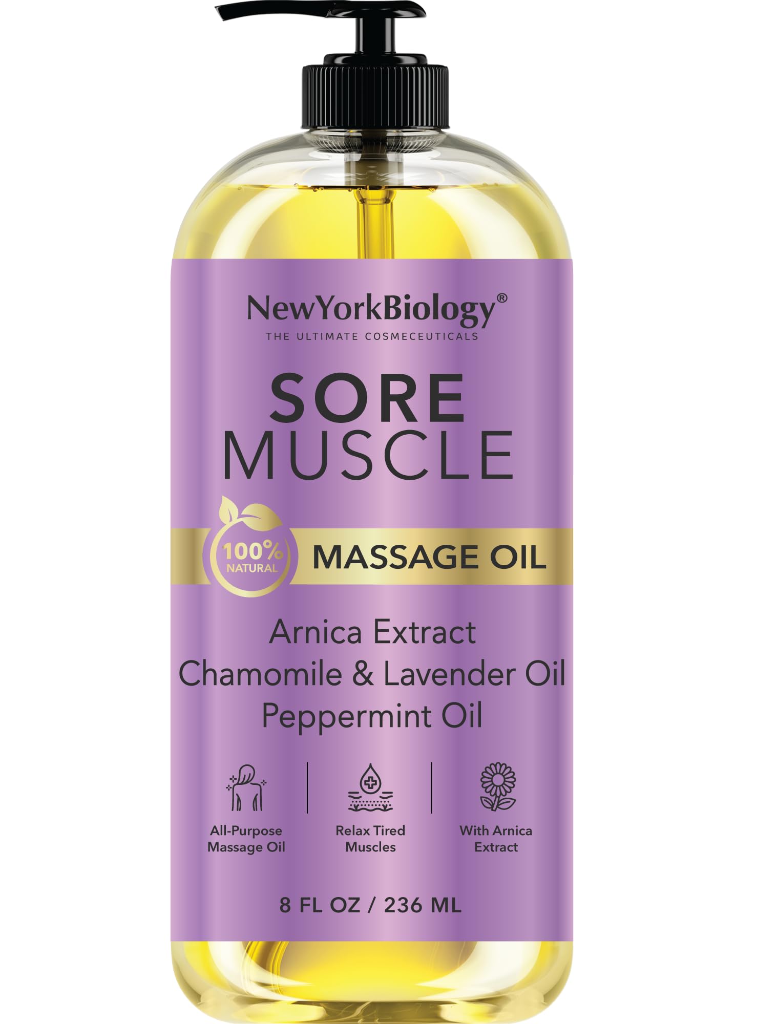New York Biology sore muscle massage oil bottle in 8oz size for soothing full-body relief.