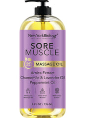 New York Biology sore muscle massage oil bottle in 8oz size for soothing full-body relief.