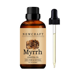 NewCraft Myrrh essential oil bottle closeup for 1 oz packaging and purity