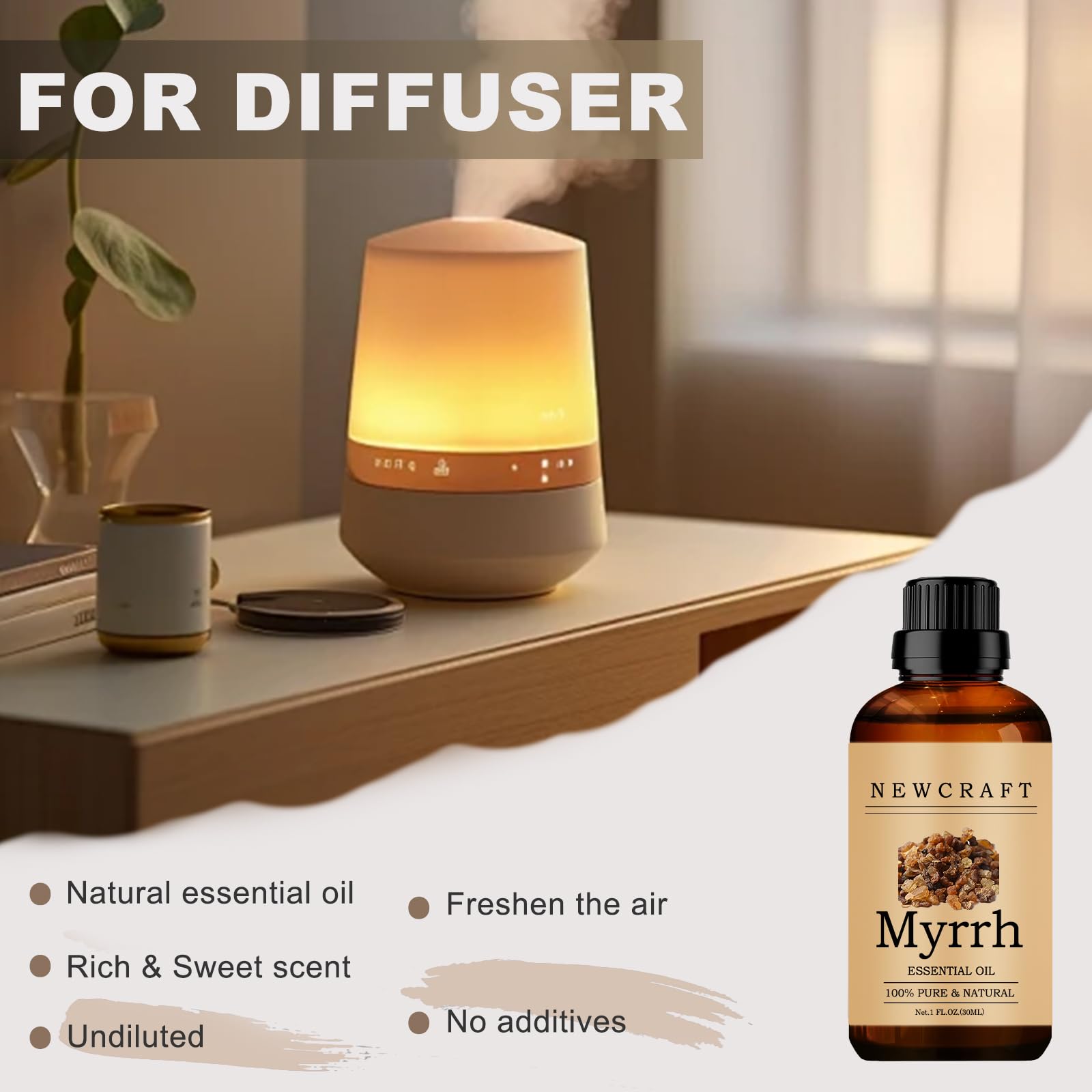 NewCraft Myrrh essential oil bottle label closeup showing purity