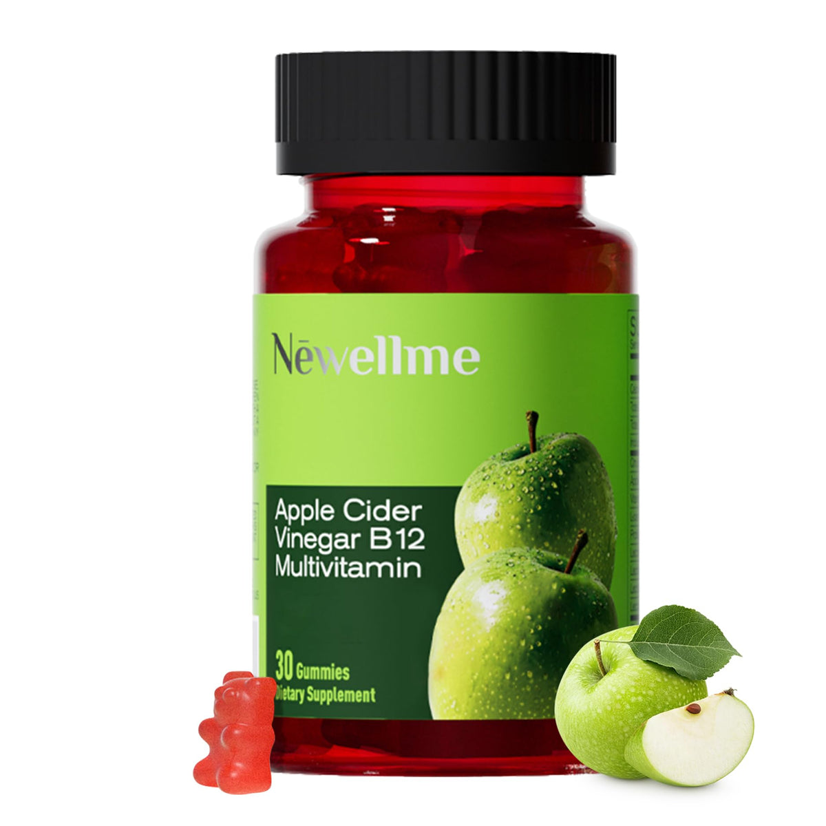 NEWELLME ACV Gummies with The Mother & B12 bottle of gummies on counter for daily wellness.