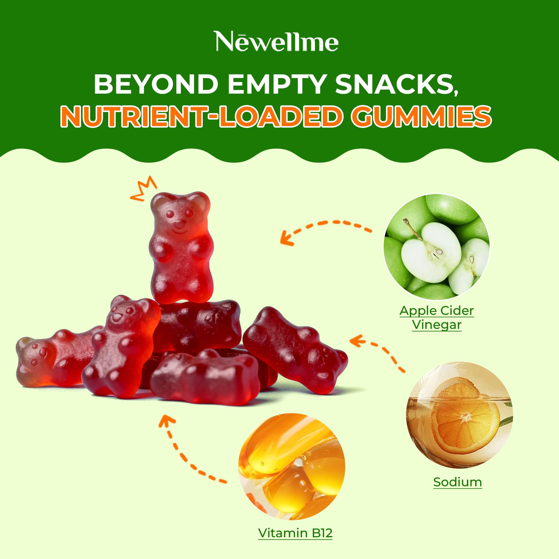 NEWELLME ACV gummies on kitchen counter, mindful snacking option.