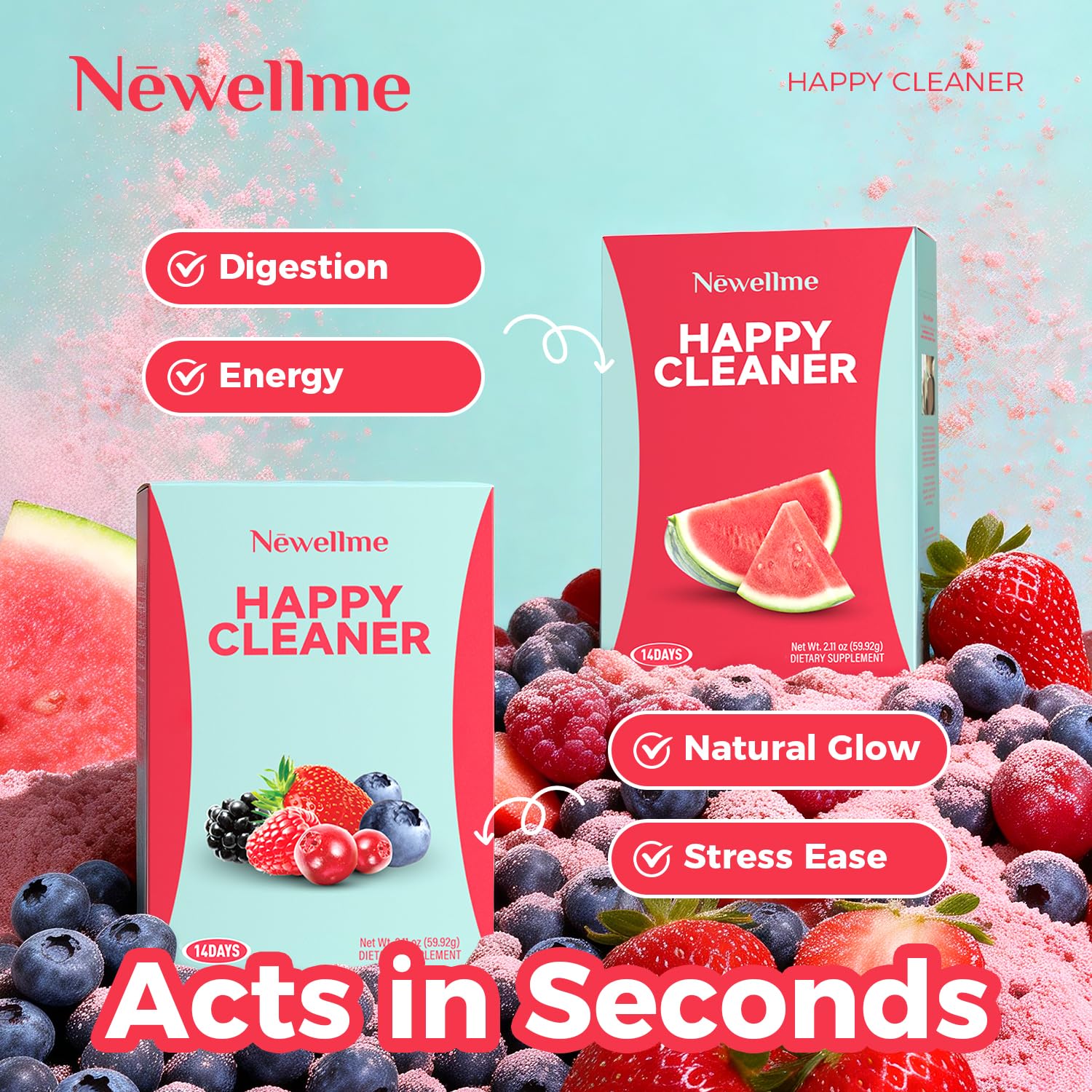 NEWELLME Happy Cleaner Super Greens pack front highlighting 28-sachet variety