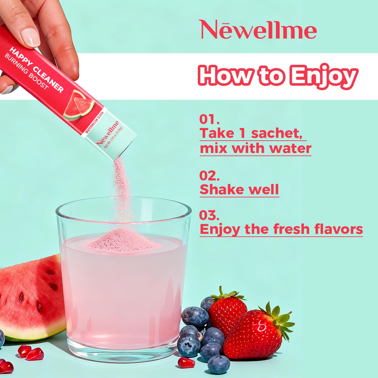 Sachets close-up of NEWELLME Happy Cleaner Super Greens for on-the-go nutrition