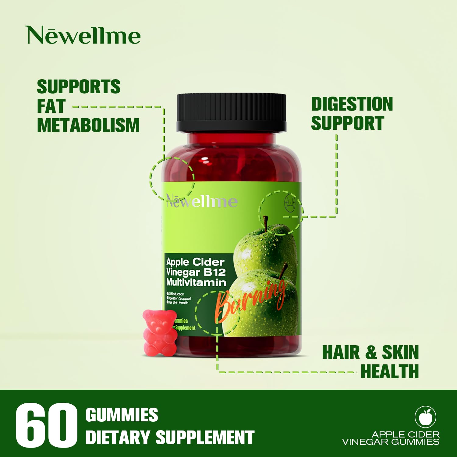 NEWELLME Sugar-Free ACV Gummies bottle closeup showing The Mother-rich vinegar blend.