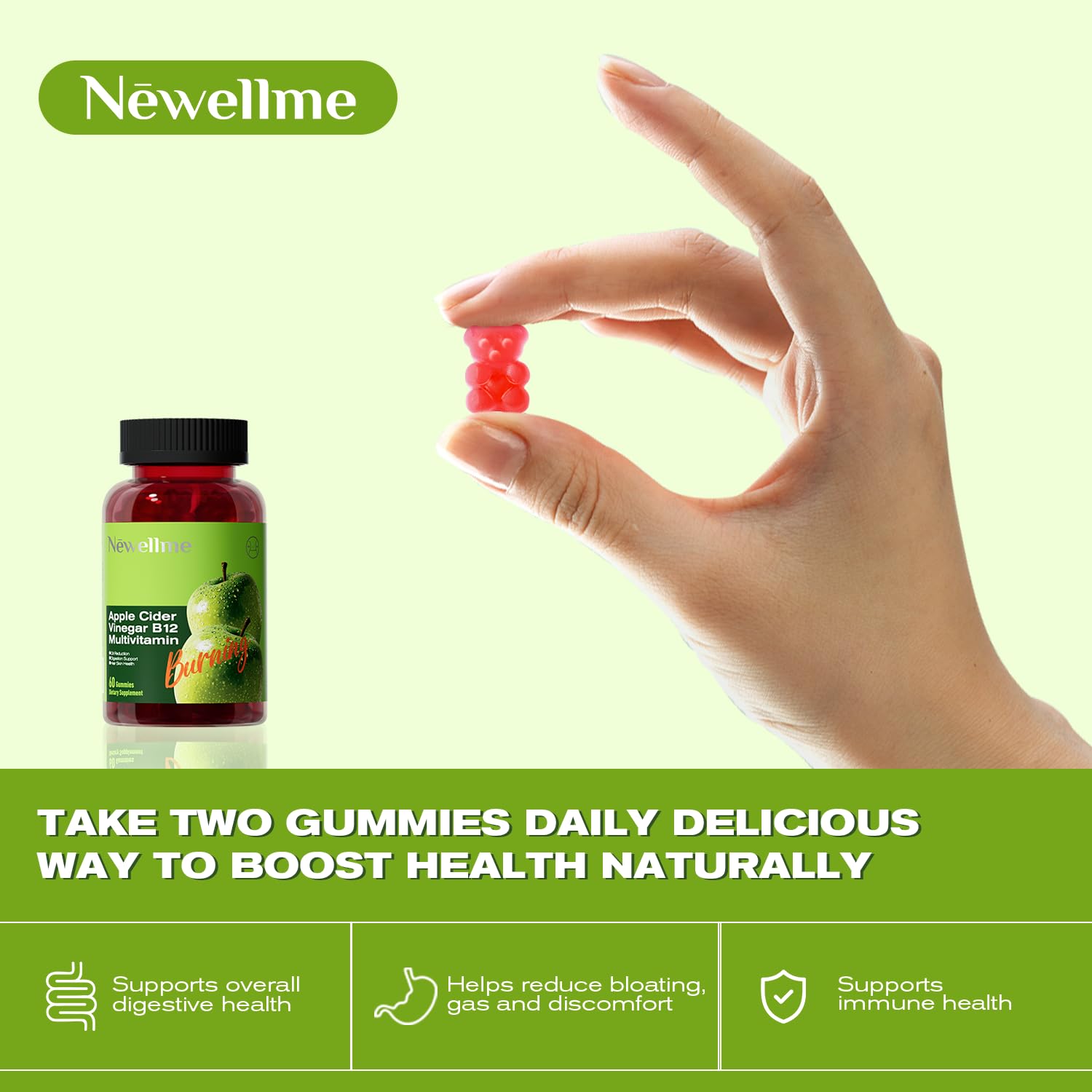 NEWELLME Sugar-Free ACV Gummies packaging front displaying vegan, gluten-free claim.