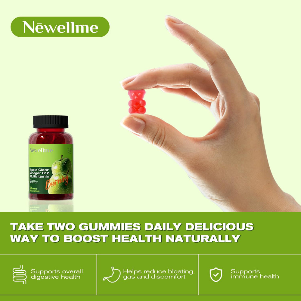 NEWELLME Sugar-Free ACV Gummies packaging front displaying vegan, gluten-free claim.