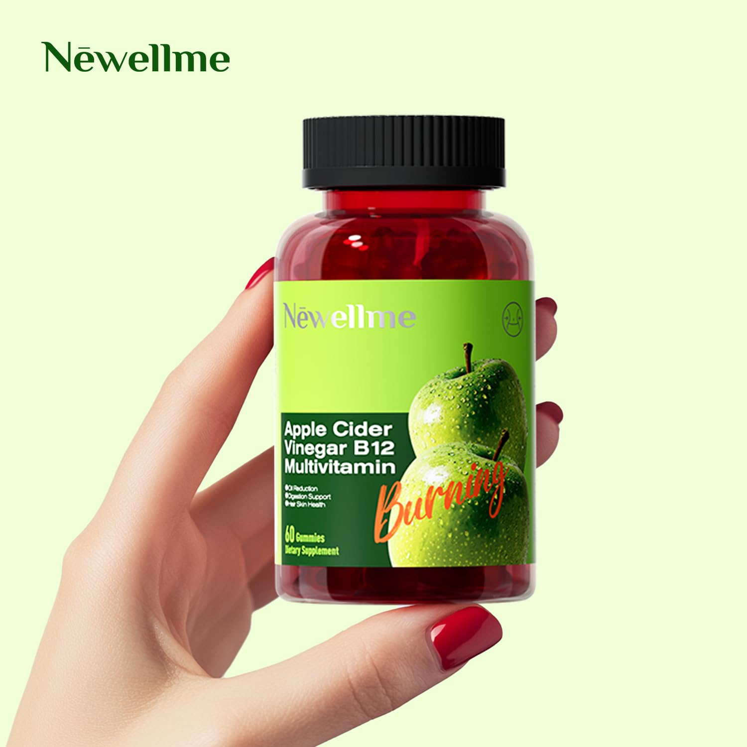 NEWELLME Sugar-Free ACV Gummies bottle shows vitamin B12 symbol.