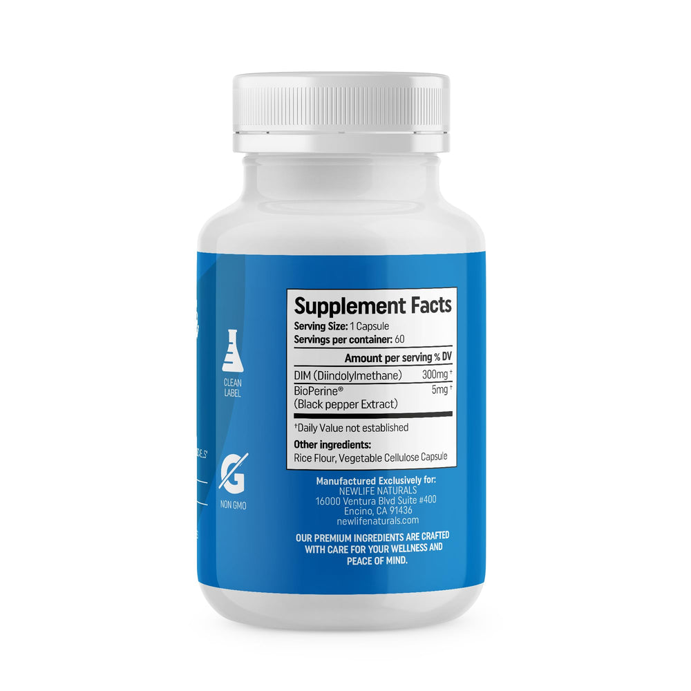 Close-up of NewLife Naturals DIM capsules for easy daily use.