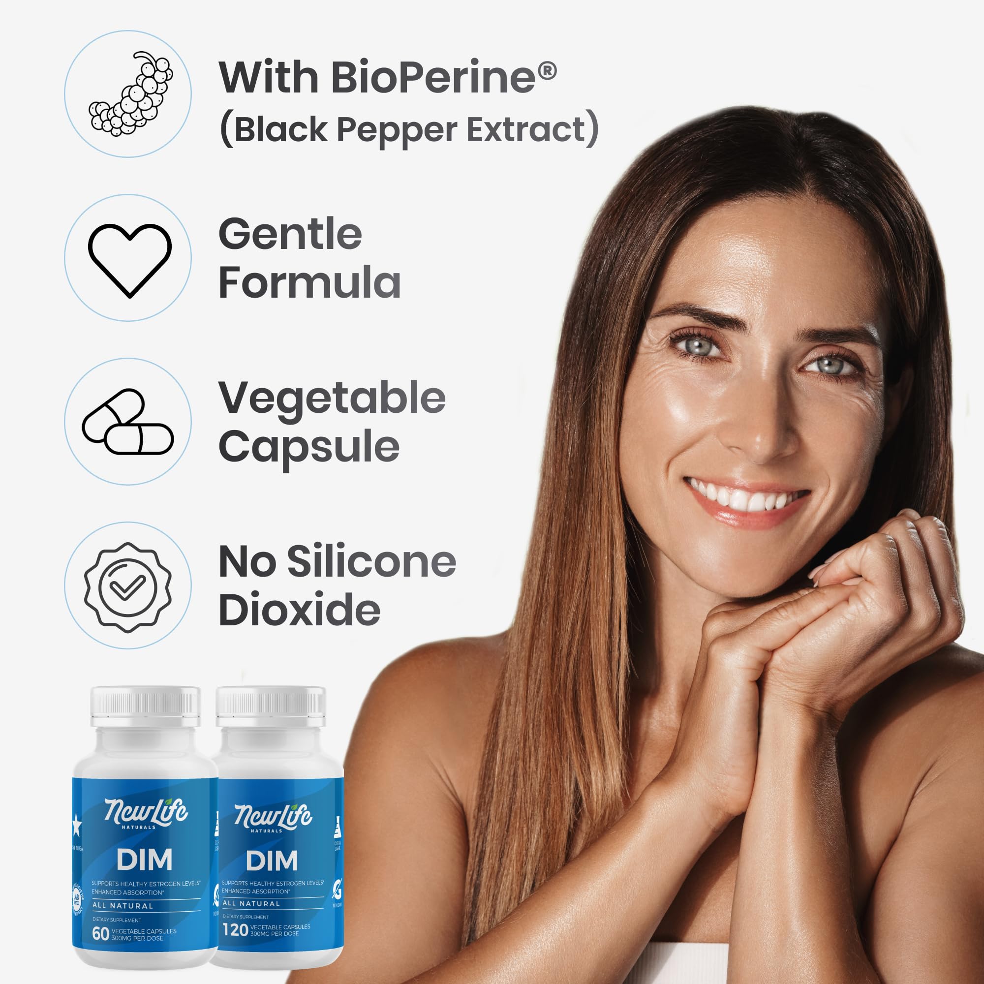 NewLife Naturals DIM two-month supply packaging for sustained use.