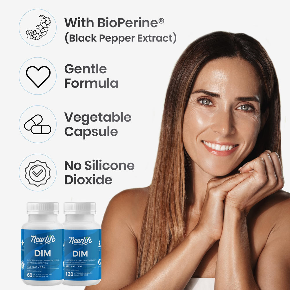NewLife Naturals DIM two-month supply packaging for sustained use.