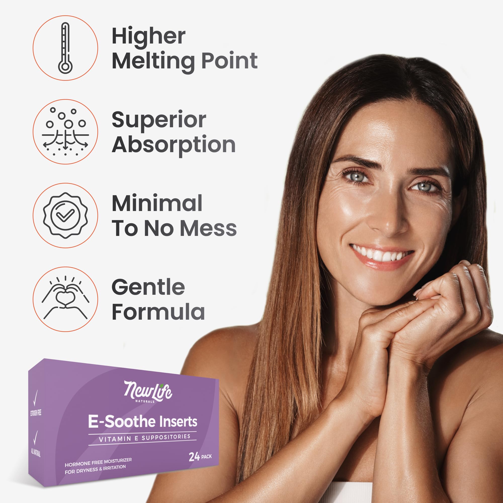 NewLife Naturals Vitamin E Suppositories 38IU vaginal-use hydrates and soothes.